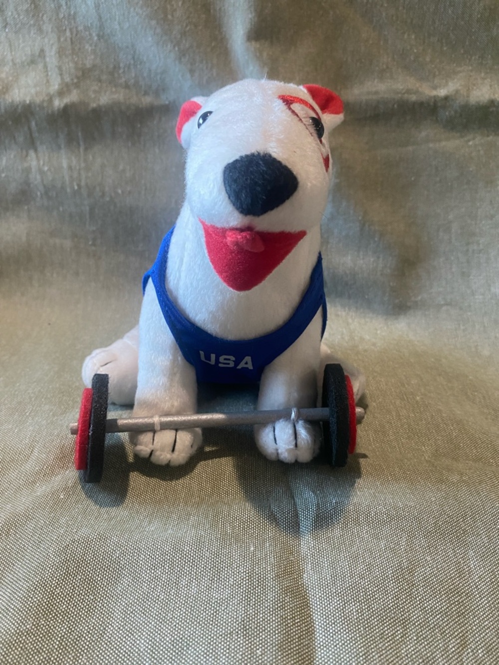 2008 USA Olympic Bullseye Dog with Blue uniform and bar with weights